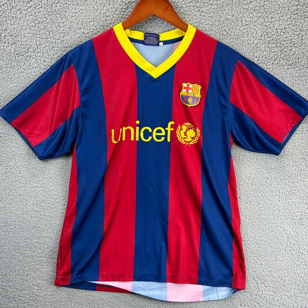 FC Barcelona Official Soccer Jersey Shirt Boys L Blue Red Striped Unicef
